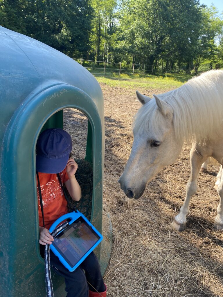 enfants TSA avec classeur de communication alternative et améliorée avec poney en séance d'équithérapie confiance